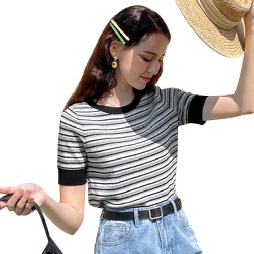 Womens Korean Style Tee Tops Summer Casual O Neck Striped Short Sleeve Slim Knitted T-Shirt