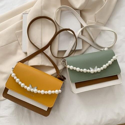 2021 Women Messenger Bags Hit Color Pearl Shoulder Bag Butterfly Patchwork PU Small Shoulder Ladies Messenger Bag Retro