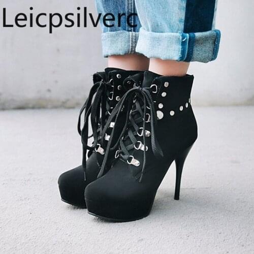 Womens Boots Autumn And Winter The New Round head Lace-up Metal Decoration Fine heel High heel Womens shoes plus size 32-48
