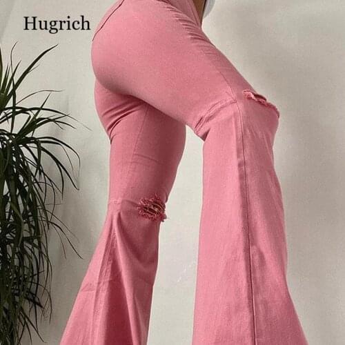 WomenS Denim Flared Trousers High Waist Version Of Hollow Decoration Solid Color Tight-Fitting Autumn High Street Casual