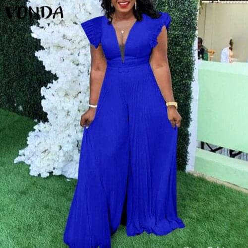 Women Summer Long Jumpsuits VONDA 2021 Wide Leg Playsuits Palazzo Short Sleeve Deep V Neck Trousers Pantalon Femme Overalls
