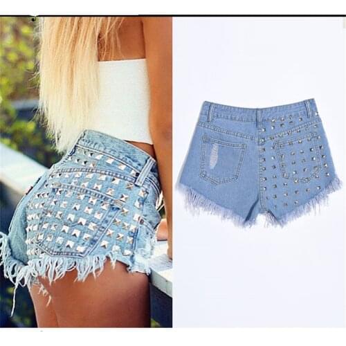 Womens Fashion Brand Vintage Tassel Rivet Ripped Loose High Waisted Short Jeans Punk Sexy Hot Woman Denim Shorts