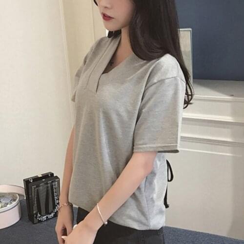 Women Korean Harajuku Casual T-shirts Female Short Sleeve Loose Backless V- Neck T-shirts Summer Ladies Tee