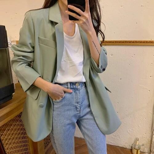 Vintage 2021 Fall Loose Blazers Notched Collar Long Sleeve Female Casual Black Jackets Ladies Suits Coats Outerwear Femme C012