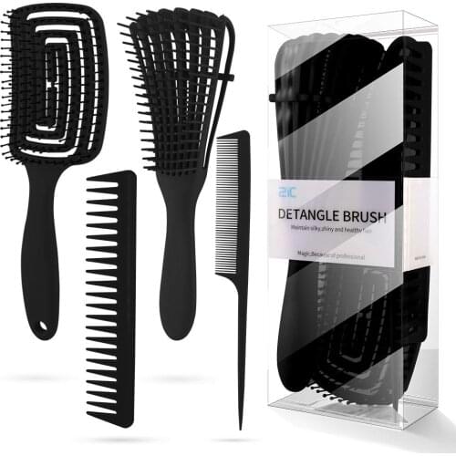 4 IN 1 Detangling Brush & Hair Comb Brushes Set Kinky Wavy Curly Coily Wet Dry Oil Thick Long Natural Hair Detangler Hair Brush