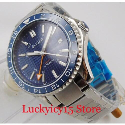 BLIGER Blue Men Wristwatch GMT MINGZHU 3804 Movement Stainless Steel Bracelet Rotating Bezel Insert