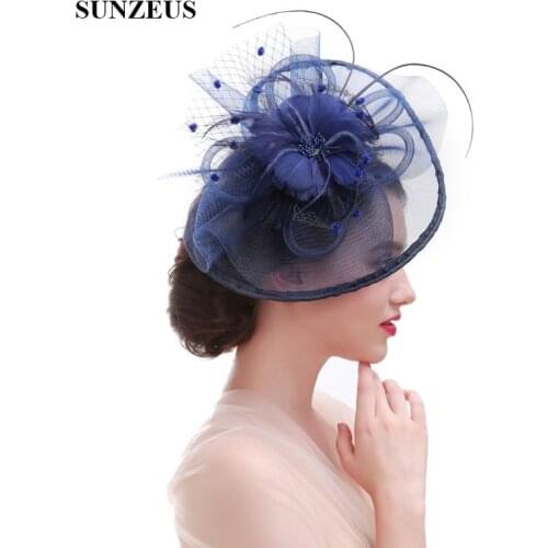 Big Feathers Flowers Elegant Wedding Hat for Bridal Navy Blue Tulle Hats Womens Formal Party Hair Hats Decoration Black SH58