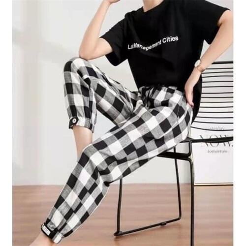 New Fashion Women Autumn Summer Casual Pants Clothes Black White Plaid Female Harem Trousers Loose Drawstring Pants Clothing