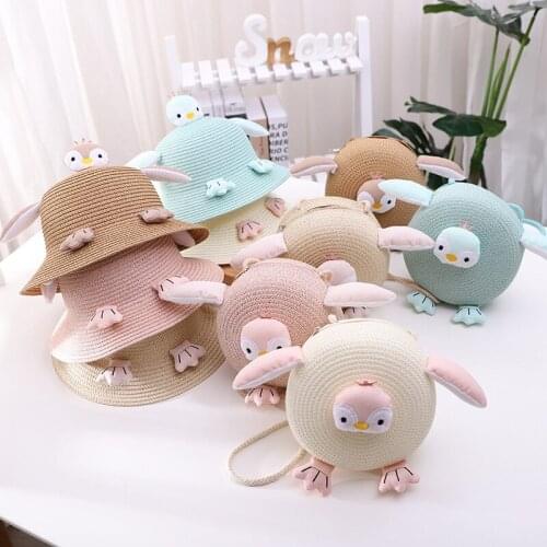 Kids Girls Cute Straw Woven Sun Protection Beach Hat Colorful Pink Chicken Summer Floppy Bucket Cap Portable Handbag