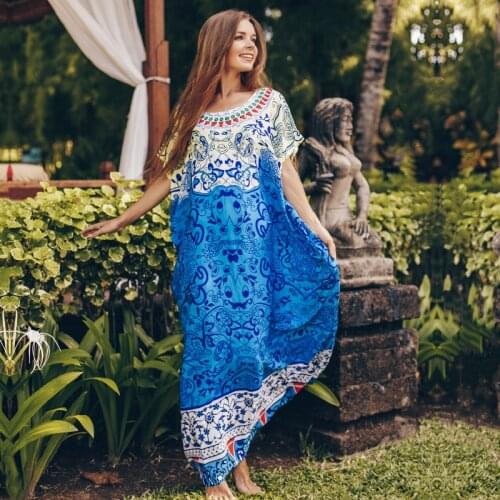 2021 Blue Bohemian Printed Long Summer Beach Dresses Cotton Tunic Women Beach Wear Swim Suit Cover Up Robe de plage Sarong Q784