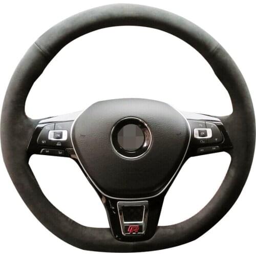 For VW Polo 2017 Black Suede Leather Steering Wheel Red Stitch Wrap Cover Fit