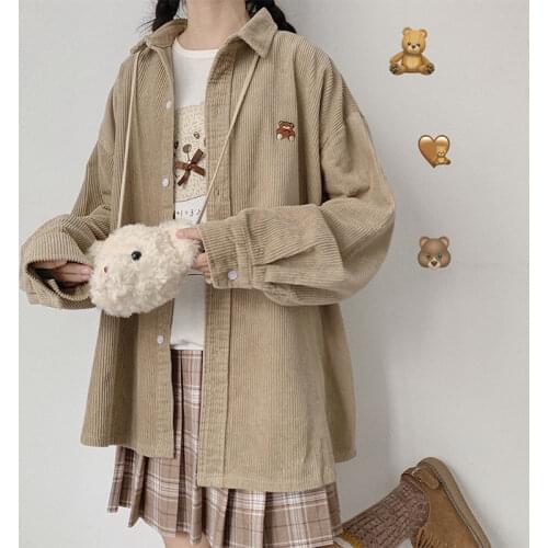 HOUZHOU Kawaii Blouse Women Harajuku Vintage Japanese Streetwear Soft Girl Oversize Japan Style Cute Corduroy Shirts Embroidery