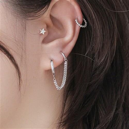 Personality Double Pierced Conjoined Chain Earrings for Female European American Simple Punk Street Girls Boy Single Earrings