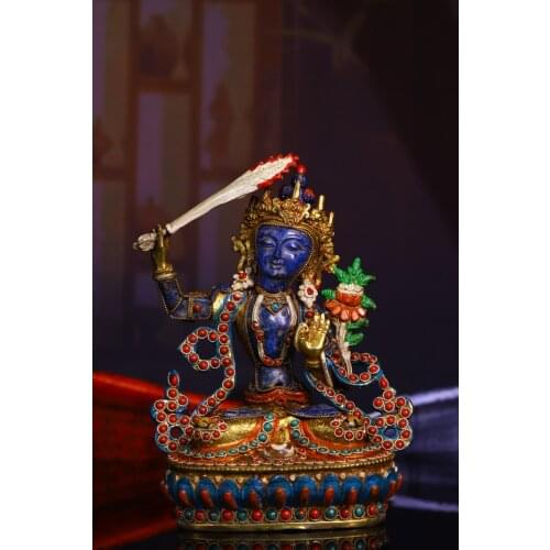 7"Tibet Temple Collection Old Natural lapis lazuli outline in gold mosaic Gem Dzi Bead Manjushri Sitting Buddha Town House