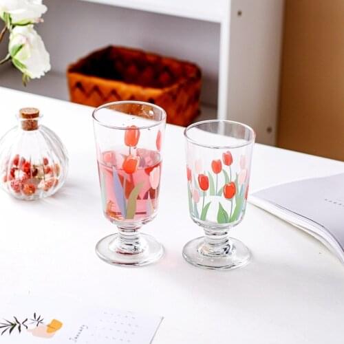 Korean ins glass milk cup hand painted tulip flower juice milk breakfast coffee cup
