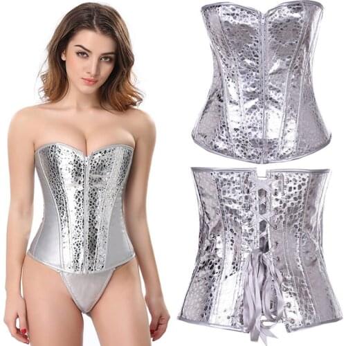 Silver Corset Top Shining Twinkle Faux Leather Overbust Bustier Front Zipper Blink Corselet Elastic Boned Gothic Clubwear Korset