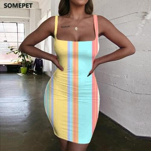 SOMEPET Colorful Dresses Women Stripe Sundress Pattern Bodycon Dress Womens Clothing Plus Size New Korean Style Femme