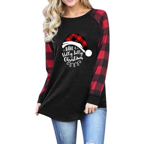 Hot Sell Christmas Ladies Tops Black Red Plaid Patchwork Long-sleeve Clothes 5XL Circle Collar Christmas Print Top Loose Shirt