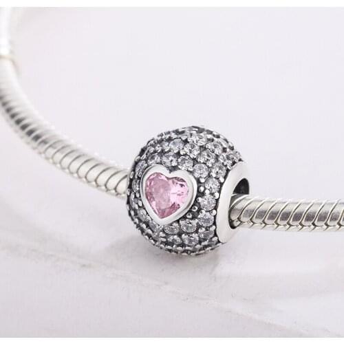 Fashion 925 Sterling Silver Round Beads CZ Transparent Zircon Red Heart Pendant Charm Bracelet DIY Jewelry Making For Pandora
