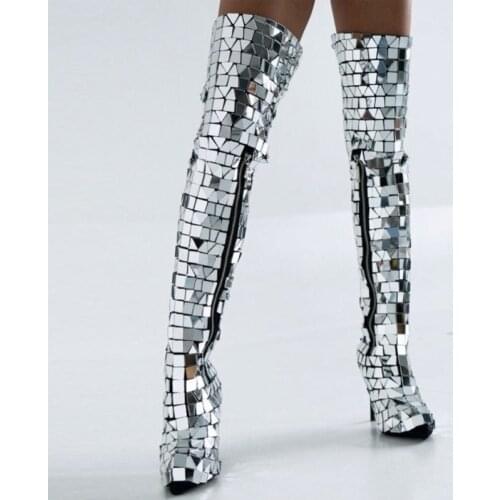 New Mirror Shoes Women Stage Show Costume Over Knee Boots Nightclub Gogo Dancer Clothing Singer Dj Silver Mirror Boots VDB2941