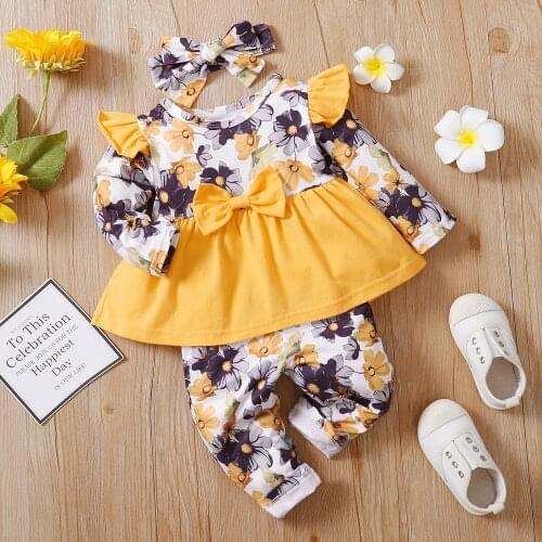 3-24M Fall Newborn Girl Clothing Baby Girl Clothes Set Infant Yellow Print Floral Bow Top + Pants Toddler Baby Girl Outfit