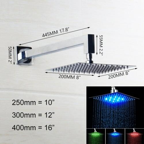 OUBONI 8 10 12 16 Inch Chrome Brass Wall Mount Led Light Rainfall 1 Handle Bathroom Shower Faucet Set Square Head Shower Set