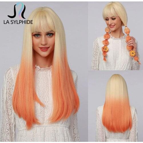 La Sylphide Halloween Cosplay Wig Long Straight Root Blonde Ombre Orange Synthetic Wigs for Black White Woman Wig Heat Resistant