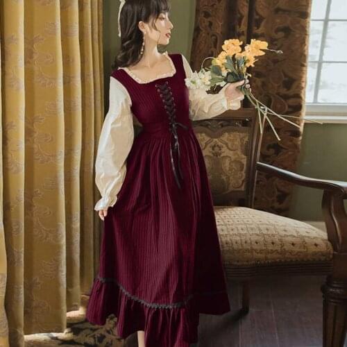 French Retro Palace Girl Tie Dress Women Spring 2021 Long-Sleeved Vestido Square Neck Stitching Ruffled Elegant Style Dressntage