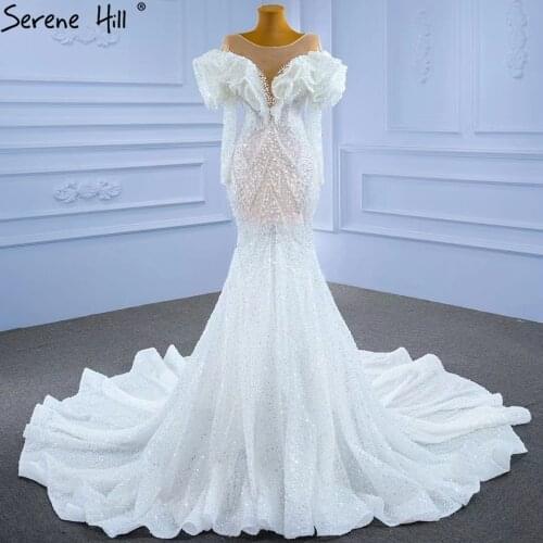 Serene Hill White Muslim Luxury Wedding Dresses Gowns 2021 Mermaid Elegant Beaded Pearls Bridal Dress HM67280