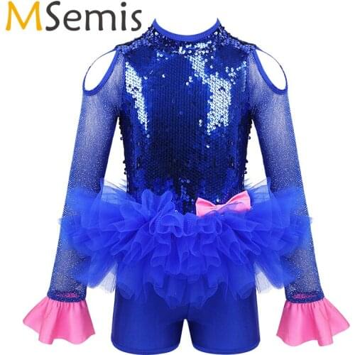 Sequins Latin Ballet Jazz Costume Girls Shiny Tulle Long Sleeves Cutout Bowknot Ballet Leotard Jumpsuit Ballet Tutu Dress Kids
