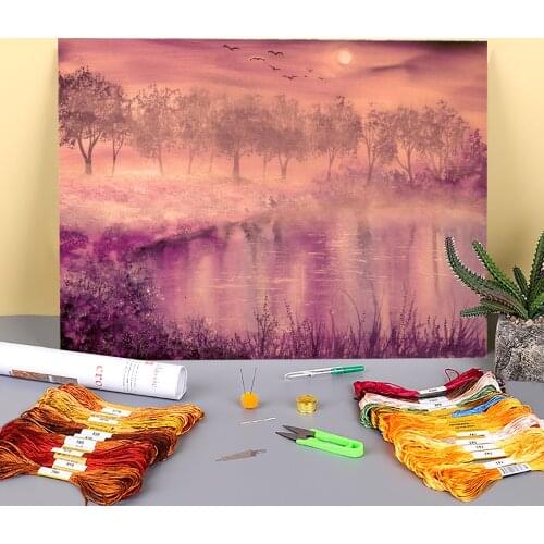 Natural Scenery Misty Evening Printed Fabric 11CT Cross-Stitch DIY Embroidery Patterns DMC Threads Knitting Stamped