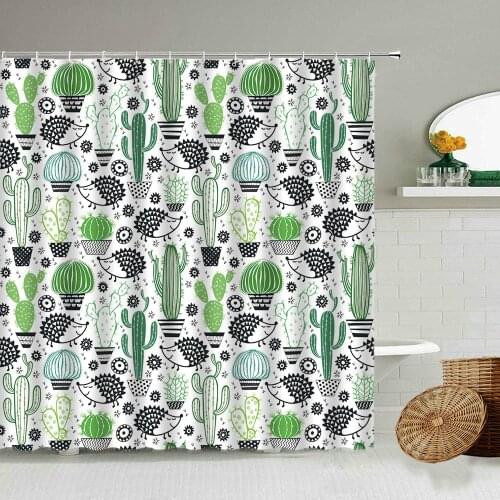 Cartoon Green Cactus Shower Curtain Succulents Hedgehog Animal Fun Children Bathroom Waterproof Polyester Screen Home Decoration