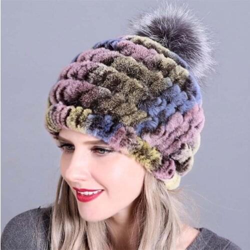 Women Winter Hat Real Rex Rabbit Fur Hats Female Kniting Warm Caps Russian Ladies High Quality Beanies Cap For Skiing Cycling