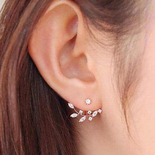 Korean Zircon Elegant Gold Leaf Leaves Asymmetric Crystal Earrings For Women Crystal Ear Cuff Clip Leaf Stud Earrings