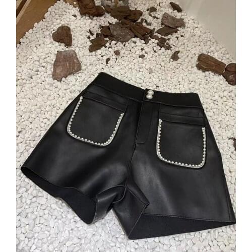 Europe Style Fashion Womens High quality pearls beading pockets genuine leather short pants C869