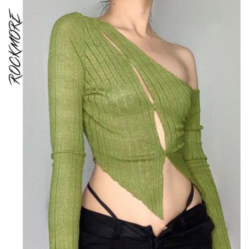 Rockmore Solid Irregular Crop Top Women Sexy Hollow Out T-Shirt Streetwear Long Sleeve Slim Knit One Shoulder Tee Female Korean