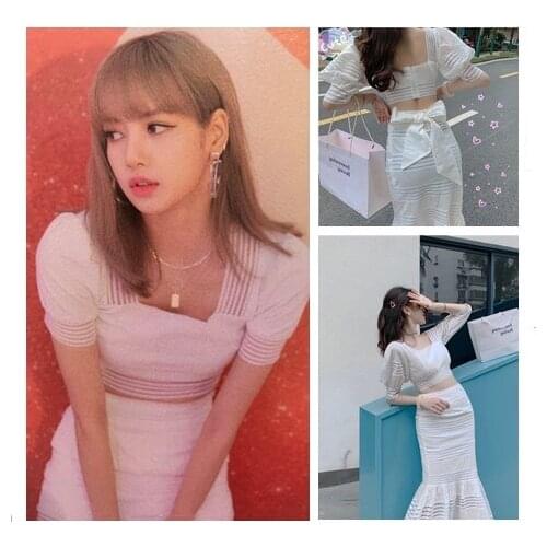 Kpop Seo Yea Ji IU Lee Ji Eun streetwear tops two piece set bow-kont high waist fishtail skirt women summer slim kawaii shirts