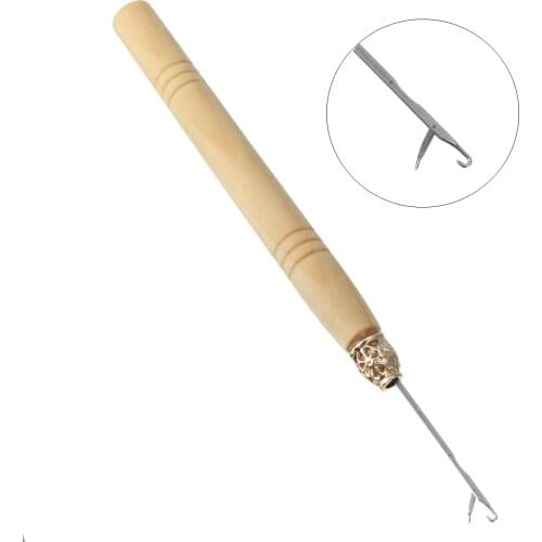 1pc Wooden Handle Crochet Hook Threader Pulling Needle For Linking Micro Rings/Loop Needle Hair Extension Tool Braiding Wig Tool