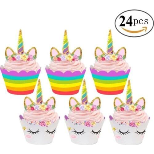 12 wraps+12 topper Unicorn Cupcake Wrappers Cake Cupcake Toppers Birthday Party Figures Pvc Action Toys Best Birthday Gifts