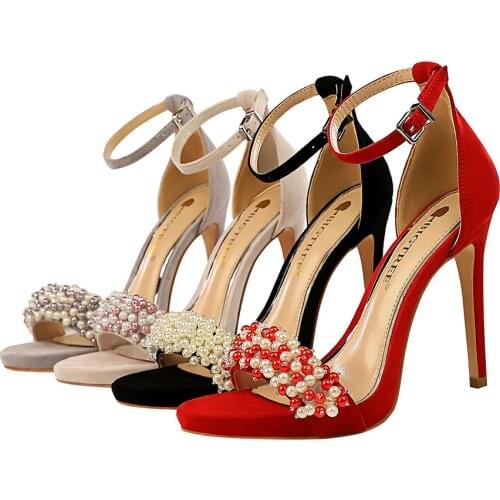 2021 New Summer Red Women Party Dress Sandals Sexy Open Toe Super High Bride Wedding Shoes Ladies Crystal Peal Thin Heels Suede