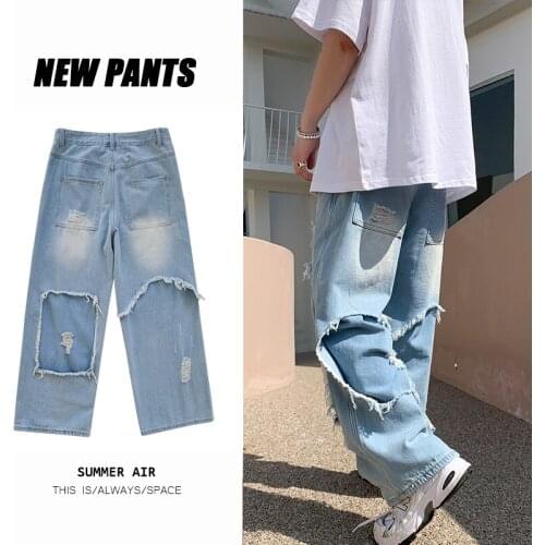 2021 Ripped Jeans Men Loose Casual Denim Pants Mens Fashion Jeans Casual Straight Hole Biker Skateboard Hip Hop Denim pants