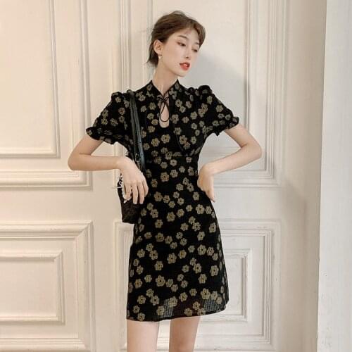 2021 chinese modern cheongsam improved summer french style black hollow design puff sleeve nightclub bodycon party pipao dress