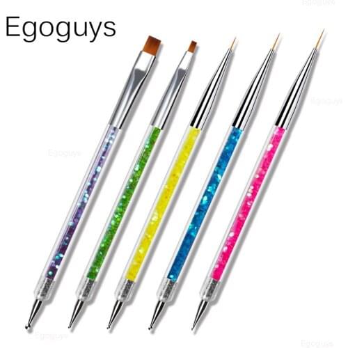 5PCS Dual Heads Nail Art Brush Acrylic Crystal Dotting Pen Rhinestones Picker UV Gel Painting French Lines Liner Manicure Tools