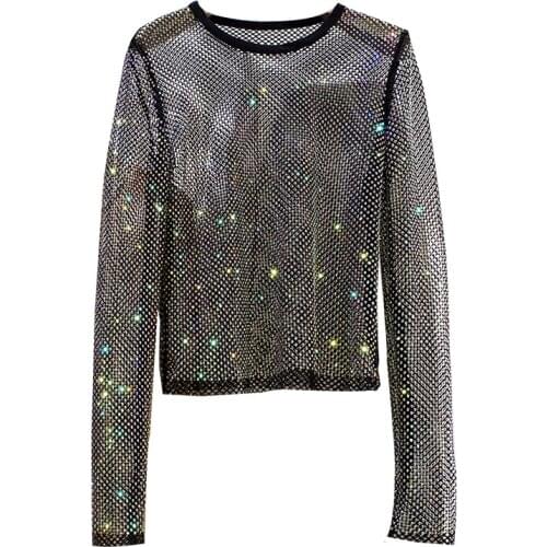 Shining Rhinestone Tshirt Women 2021 Autumn Sexy Hollow Elegant Slim Round Neck Long Sleeve Tee Top Lady Nightclub Clothes
