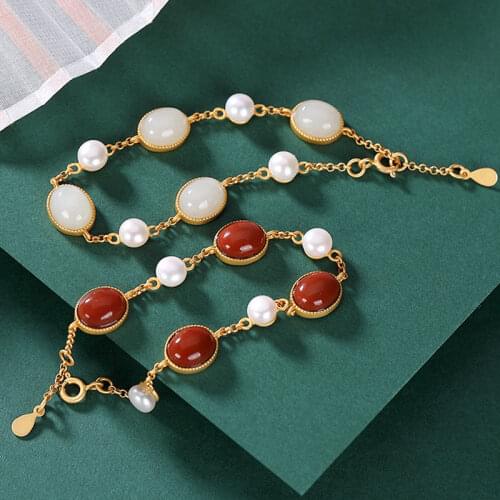 Original S925 Sterling Silver Natural Hetian Jade Southern Red Agate Ornament Temperament Female Bracelet Ornament