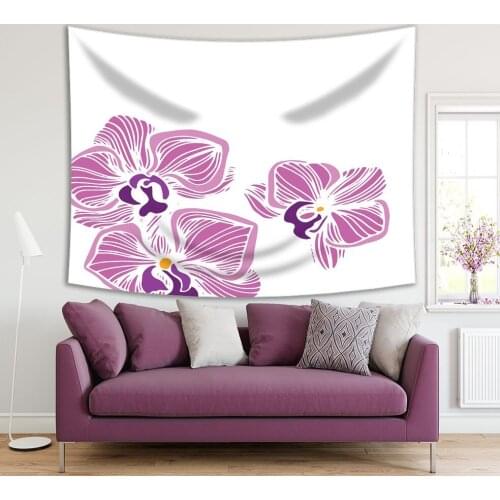 Tapestry Orchid Flowers Blossoms Bouquet Exotic Plant Cartoon Illustration Printed Purple White