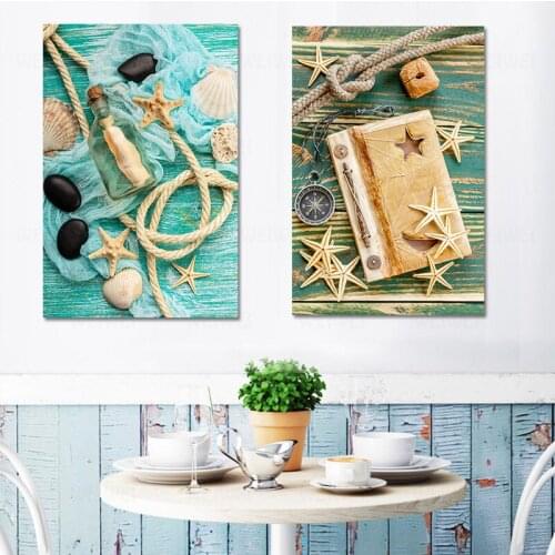 Canvas Wall Art Starfish Shell On Teal Board Painting Prints Beach Nature Picture Home Kitchen Bathroom Living Room Wall Decor