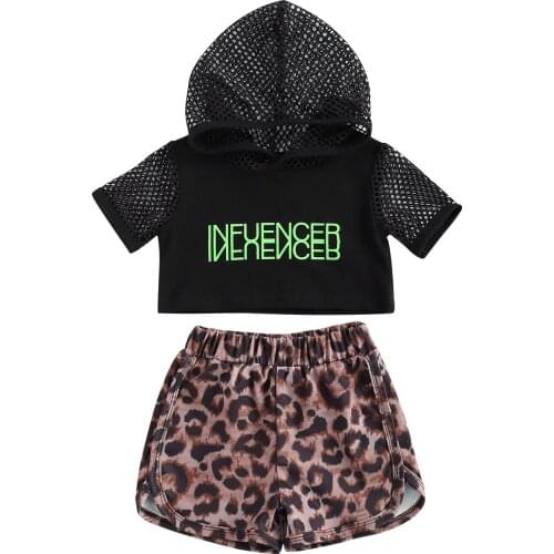 1-5Yrs Girls Summer Clothes Sets Short Sleeve Letter Print Hollow Fishnet Hooded Top+Leopard Printed Shorts Tracksuit Sets