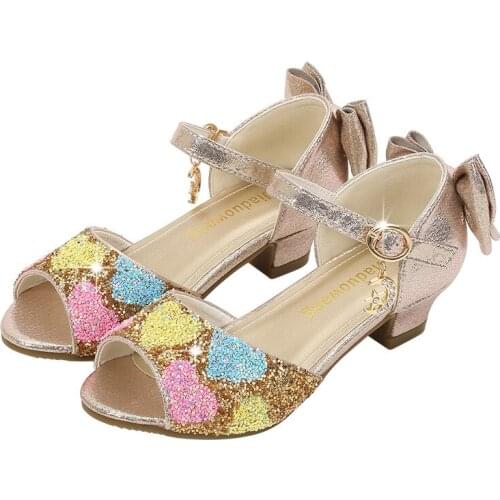 Summer Sandals Girls Princess Shoes High-Heeled Non-Slip Love Heart Crystal Shiny Wear-Resistant Breathable Childrens Shoes