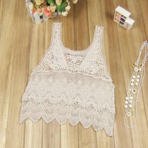 Cotton all Lace Crochet summer T-shirt hollowed out top vest short Flower Embroidered suspender top sleeveless